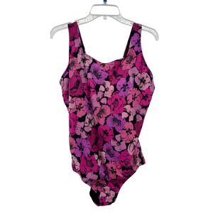 Lands End Womens 18W One Piece Swimsuit Pink Purple Floral Poppy Scoop Neck Bra